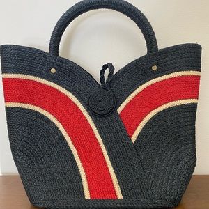 Women’s black red and white straw tote